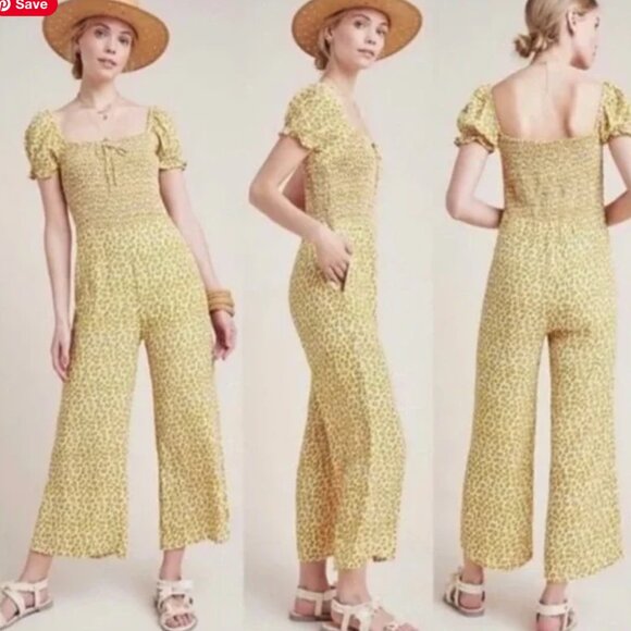 Faithfull the Brand Laszlo Smocked Jumpsuit in Yellow Sunflower sz US 2 - Picture 1 of 8